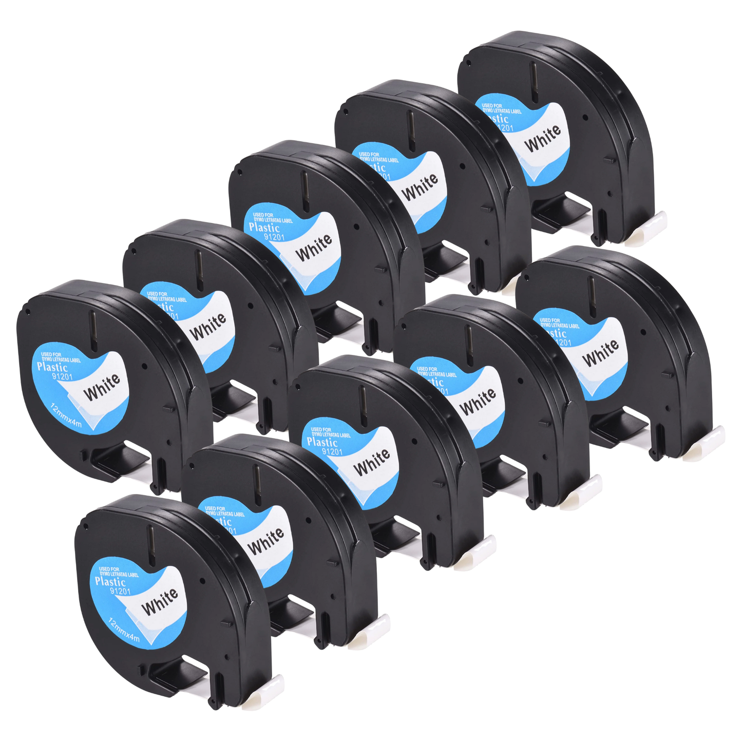10 compatibele Dymo LetraTag S0721610 / S0721660 tapes 200B, LT100-H, LT100-T, LT110-T, QX50, XR, XM, 2000, LT100-T Plus, LT100-H Plus. Labeltape voor Labelmaker - Zwarte tekst op witte achtergrond - Breedte 12mm x 4 meter (91201/91221)