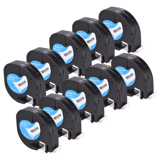 10 compatibele Dymo LetraTag S0721610 / S0721660 tapes 200B, LT100-H, LT100-T, LT110-T, QX50, XR, XM, 2000, LT100-T Plus, LT100-H Plus. Labeltape voor Labelmaker - Zwarte tekst op witte achtergrond - Breedte 12mm x 4 meter (91201/91221)